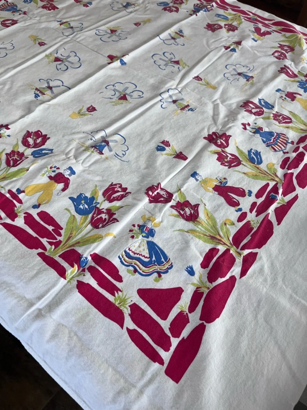 Vintage Floral & Dutch Folk Print Tablecloth in Red, Blue, Yellow
